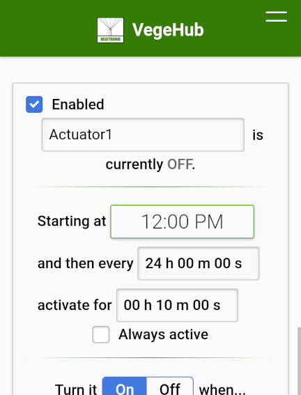 VegeHub Setup Screenshot - Actuators Page