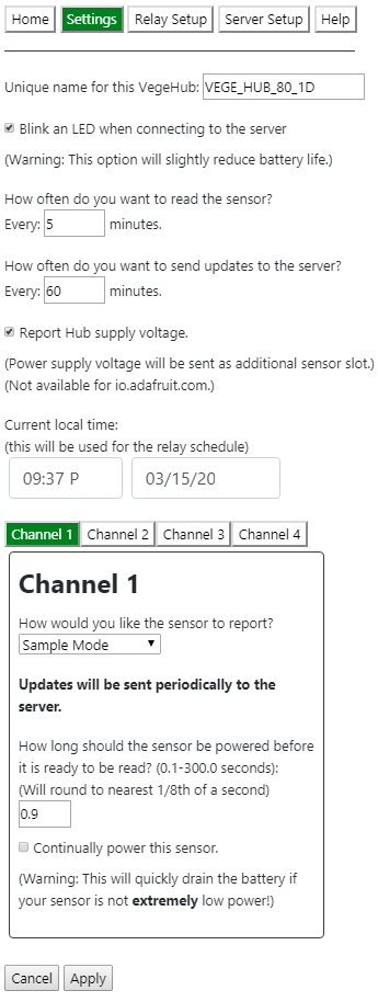 VegeHub Setup ScreenShot - Settings Home